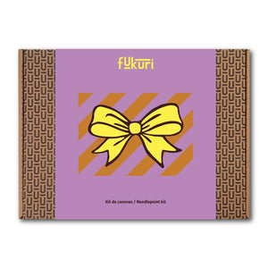 Canevas moderne motif nœud jaune éclatant sur fond rayé tendance, kit complet pour broderie facile.