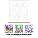 Exemple de coloration de la carte créative OKLM au motif de léopard. A colorier, peindre ou broder
