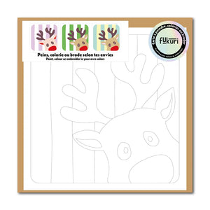 Carte créative DIY et enveloppe à peindre, broder ou colorier, le motif est un renne de Noël en selfie.