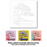 Exemples de colorations pour la carte créative Bonsaï et kanji japonais, à colorier, peindre ou broder.