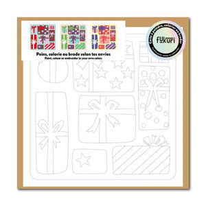 Carte créative DIY et son enveloppe kraft à peindre, broder ou colorier au motif de cadeaux de Noël