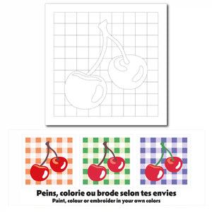 Exemples de colorations pour la carte créative Cerises, à colorier, peindre ou broder.