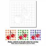 Exemples de colorations pour la carte créative Cerises, à colorier, peindre ou broder.