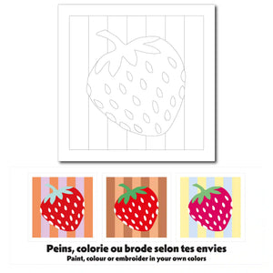 Exemples de colorations pour la carte créative Fraise, à colorier, peindre ou broder.