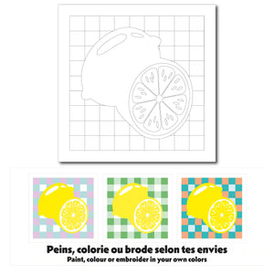 Exemples de colorations pour la carte créative Citrons, à colorier, peindre ou broder.