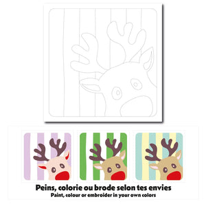 Exemple de colorations de la carte créative à peindre, colorier ou broder au motif de renne de Noël