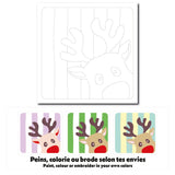 Exemple de colorations de la carte créative à peindre, colorier ou broder au motif de renne de Noël