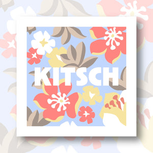 Illustration du kit canevas Kitsch au motif floral dans le fond et mot kitsch en central