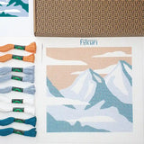 Toile canevas imprimée avec motif de montagnes stylisées, à broder facilement à la main, fils coton et aiguille bohin