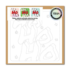 Carte créative à colorier, peindre ou broder et enveloppe kraft, le motif de la carte est Ho Ho Ho à offrir à Noël