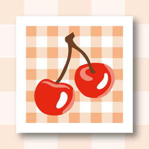 Illustration canevas Cerises vichy à broder, style frais et design minimaliste