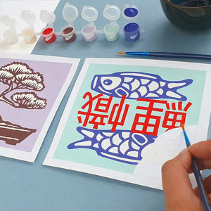 réalisation du kit de peinture au numéro thème japon de Fukuri et ses  cartes à peindre, ici la carte Koinobori