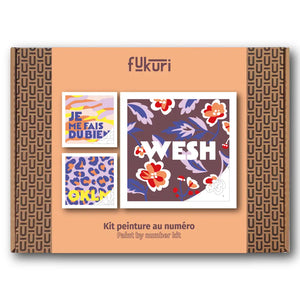 packaging du kit de peinture au numéro Fukuri thème messages : wesh, OKLM et Je me fais du bien