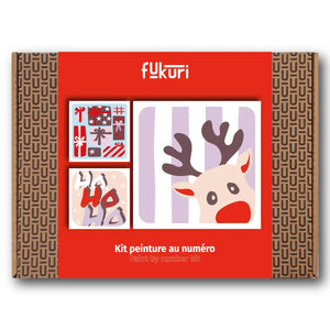 Packaging du kit de peinture au numéro DIY Fukuri inspiré du thème de Noël avec un renne, des cadeaux et le slogan Ho Ho Ho